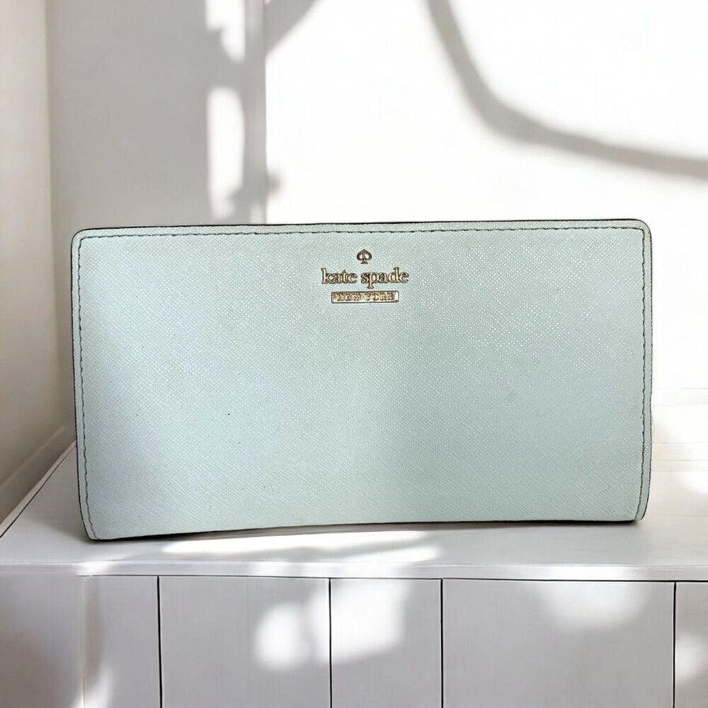 Kate Spade Mint Green Leather Bifold Wallet With Zip Pocket & Card Slots